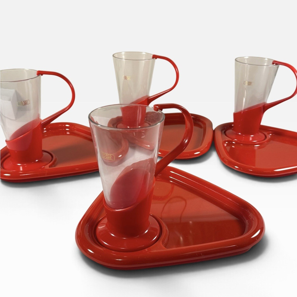 1970s VTG Space Age MCM 8PC Luncheon Set Cups Plates Red Twin Bird Japan Glass